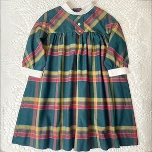 Vintage 1970s Cinderella Girls 6 Years Green Plaid Cropped Sleeve Dress